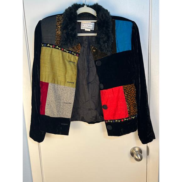 VTG Lucia Lukken Velvet Jacket Medium Black Faux Fur Collar Patchwork Preppy - Picture 2 of 8